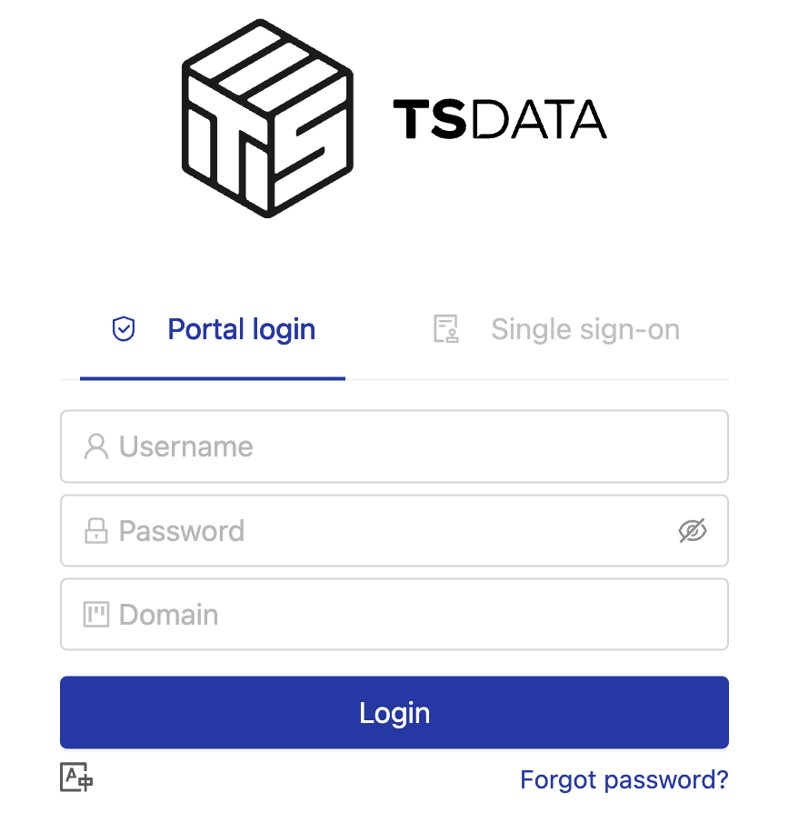 Tela Portal login da TSDATA com os campos Username, Password e Domain e o botão Login.
