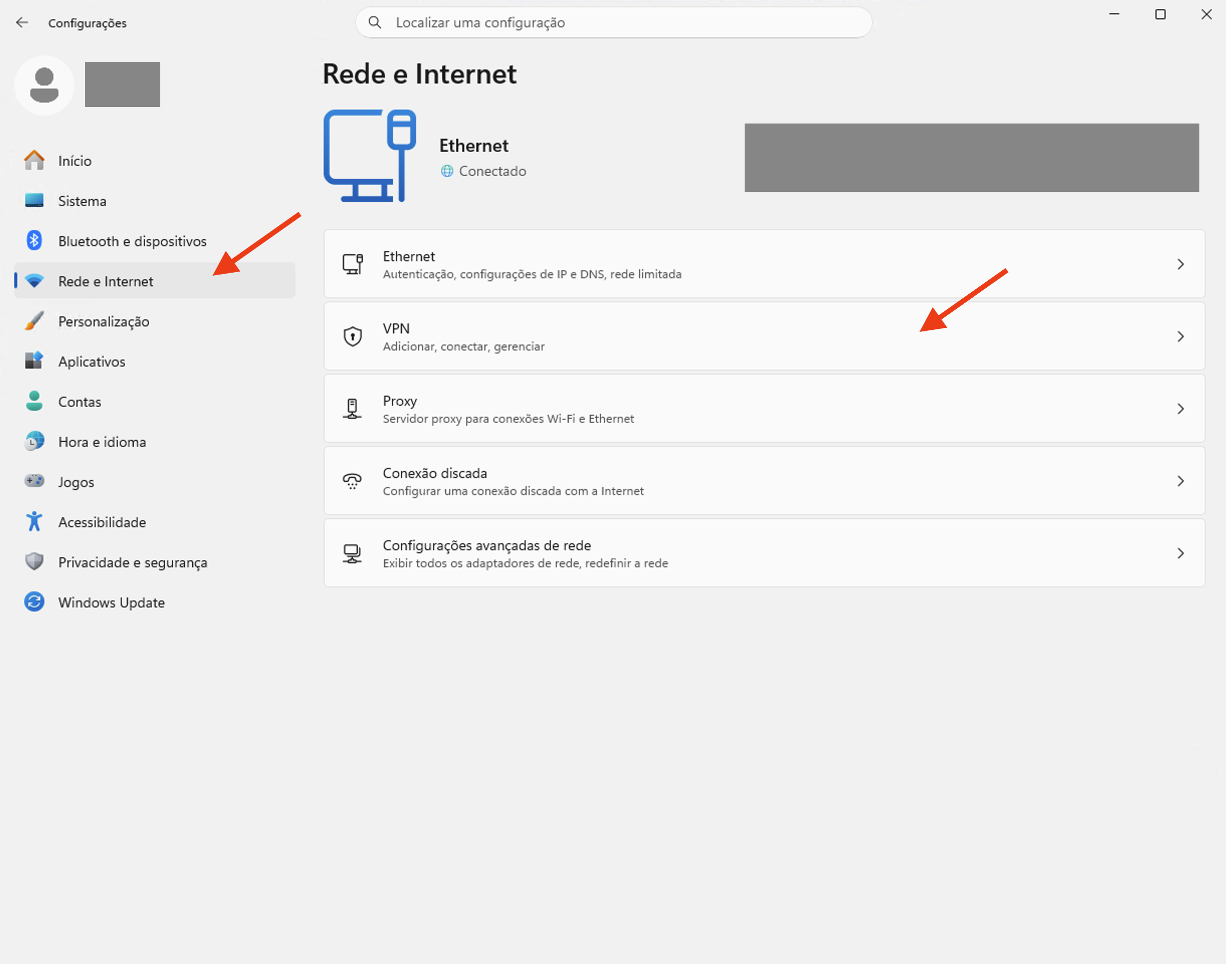 Configurações de Rede e Internet: abra VPN.