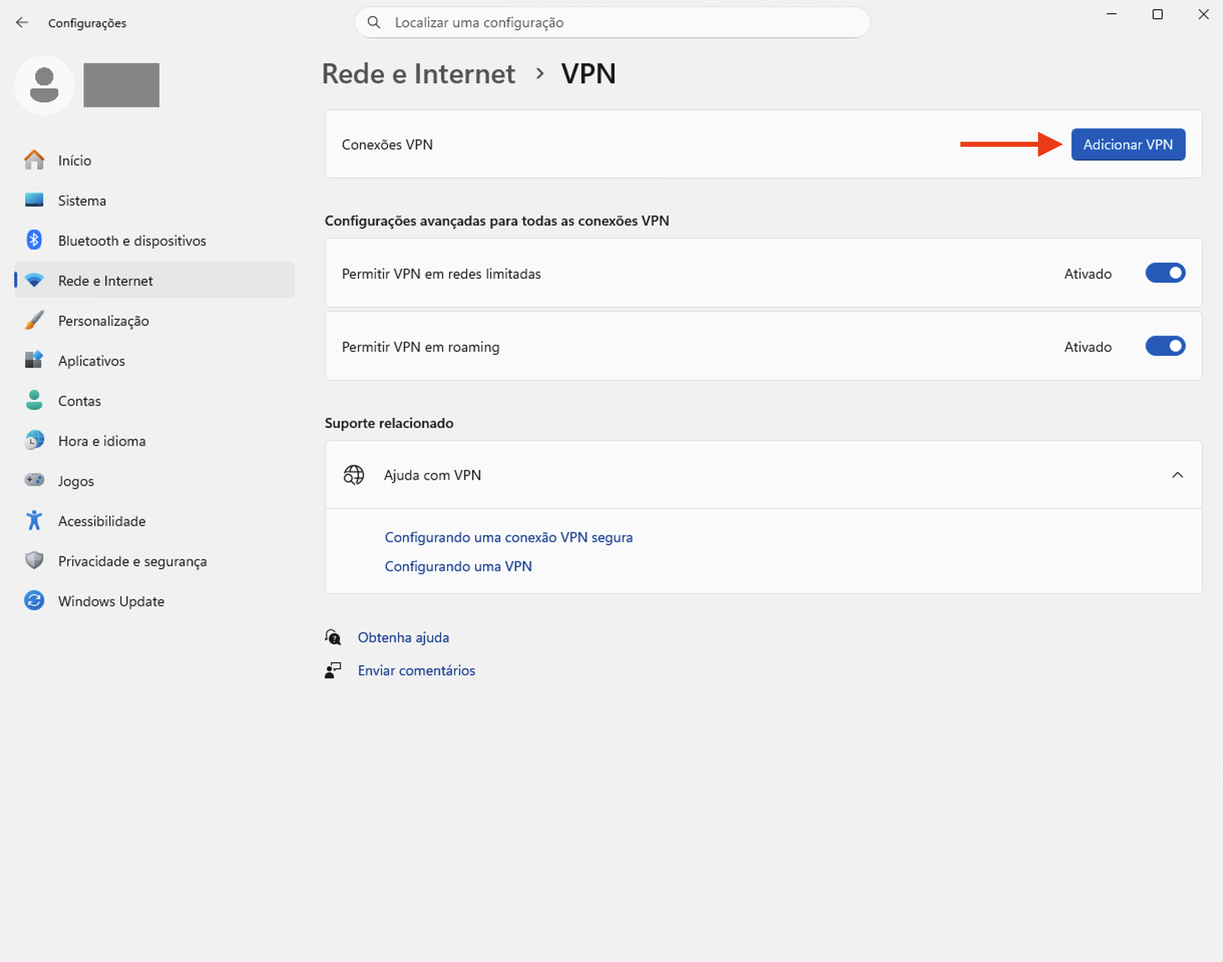 Página VPN: clique em Adicionar VPN.