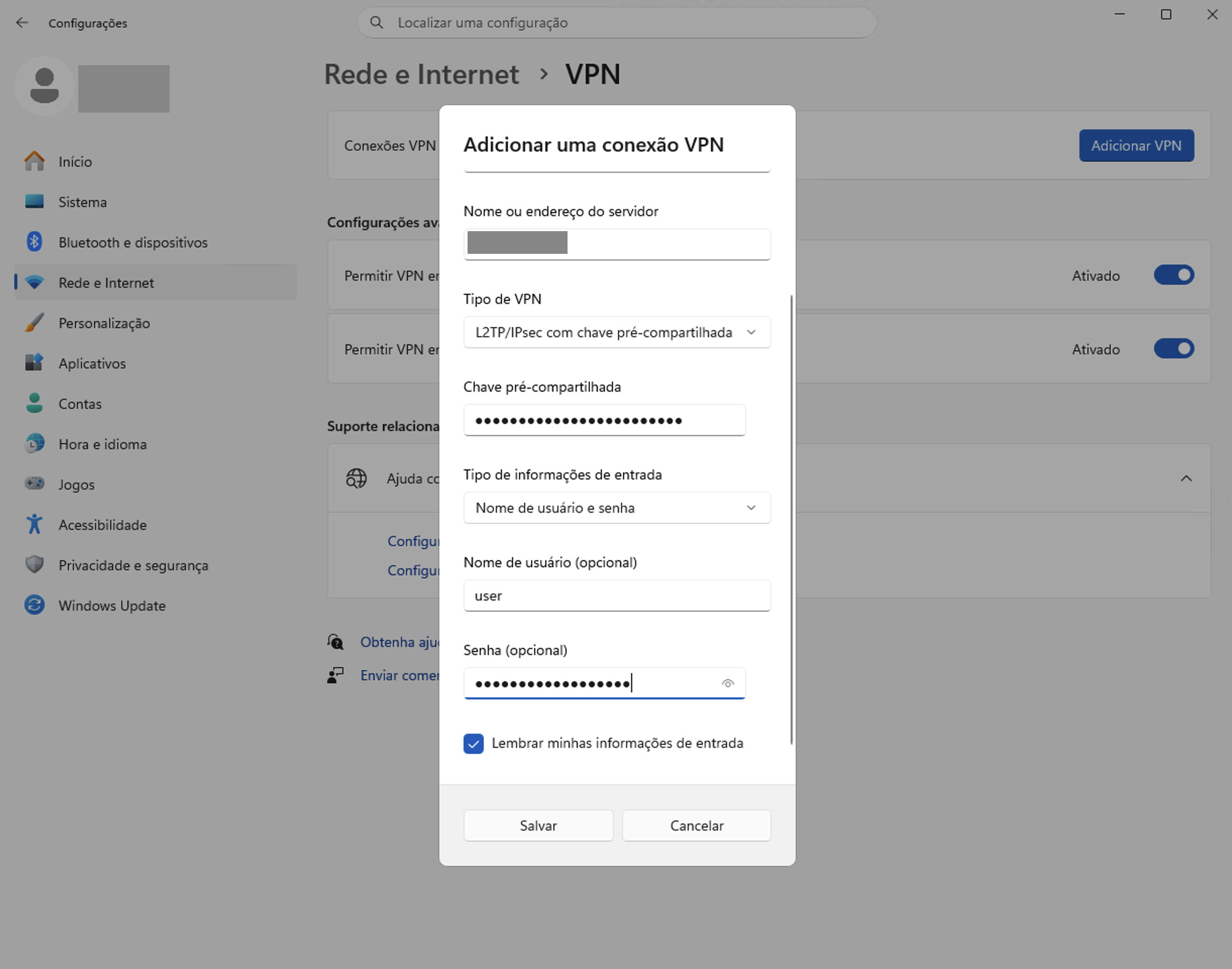 Informe as credenciais da VPN e salve a conexão.