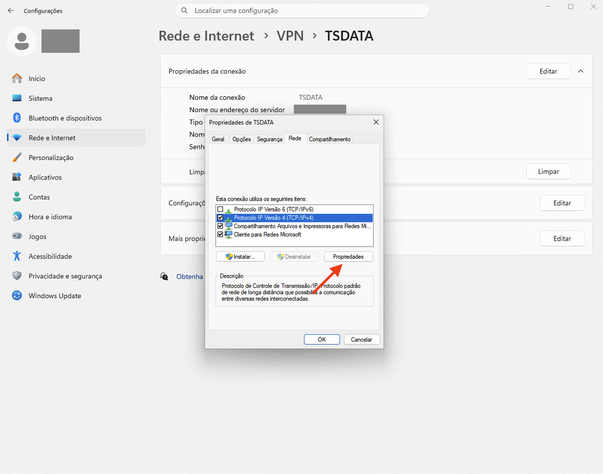 Aba Rede: selecione IPv4 e abra Propriedades.