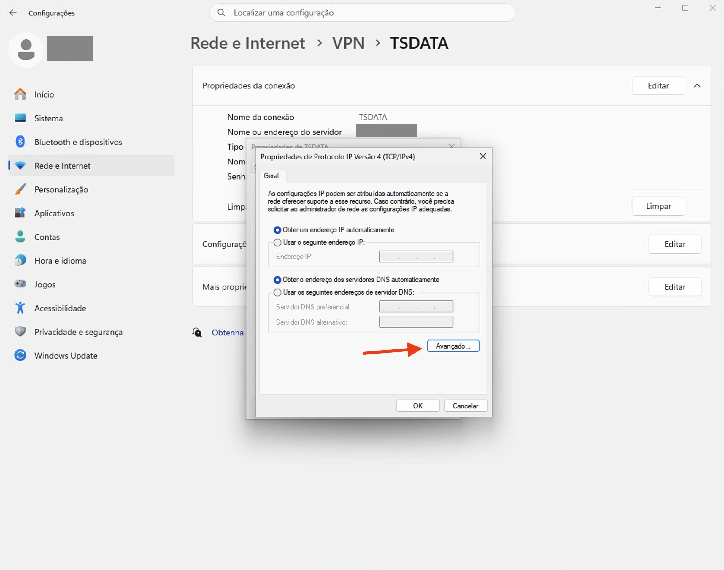 Propriedades IPv4: IP e DNS automáticos; abra Avançado.