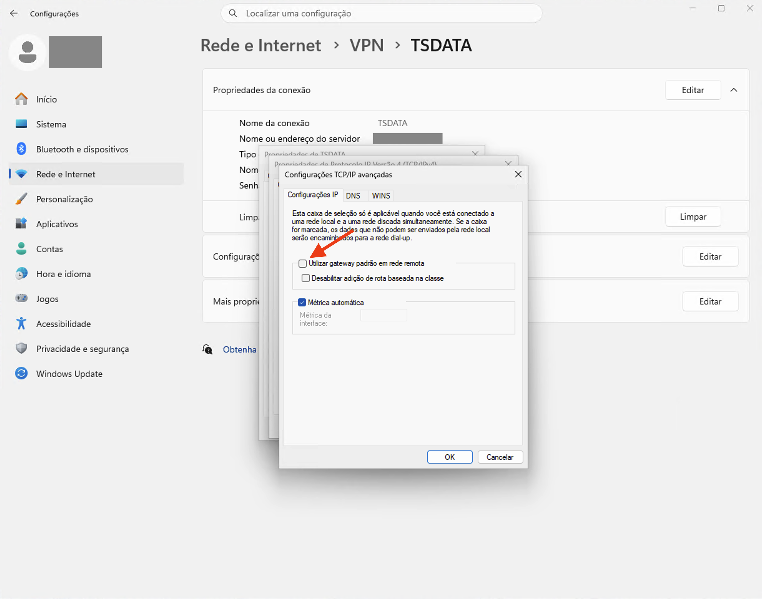 Configurações IP: gateway remoto desmarcado e métrica automática.